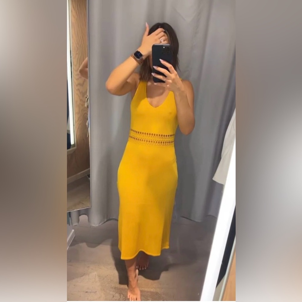 H&M Mustard Yellow Crochet Waist V-Neck Knit Midi Dress Size M - Picture 6 of 9